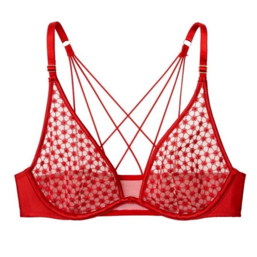 NWOT Victoria’s Secret red lace unlined plunge underwire bra, size 32DD